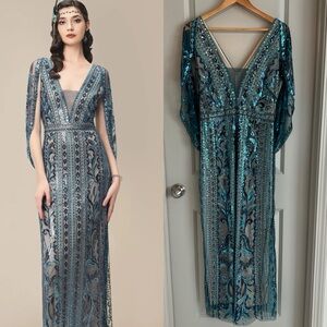 EUC Size 8 1920’s Flapper Style Glittering Sheer-Sleeve Sequined Evening Gown
